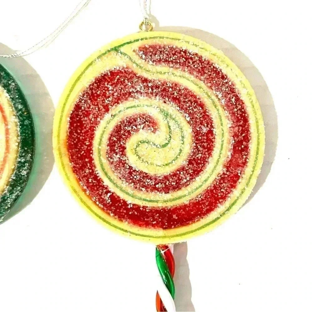Vintage x3 Christmas Lollipop Hanging Ornaments Glitter Tree Swirl Design Art - Picture 4 of 9